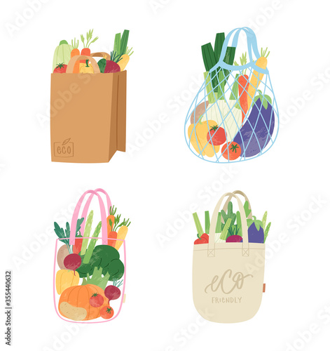 Set of mesh, net, paper and textile shopping bags with vegetables for eco friendly living. Vegan zero waste concept. Colorful hand drawn trendy shoppers vector illustration. Say NO to plastic!