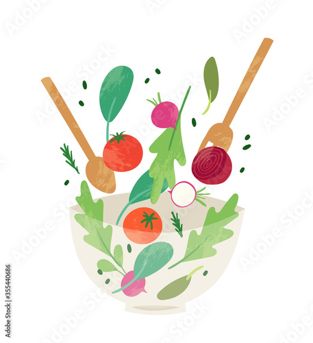 Fresh vegetable and green leaf salad dish. Salad bowl object with different ingredients isolated on a white background. Healthy organic food in a plate used for restaurant menu, poster, card