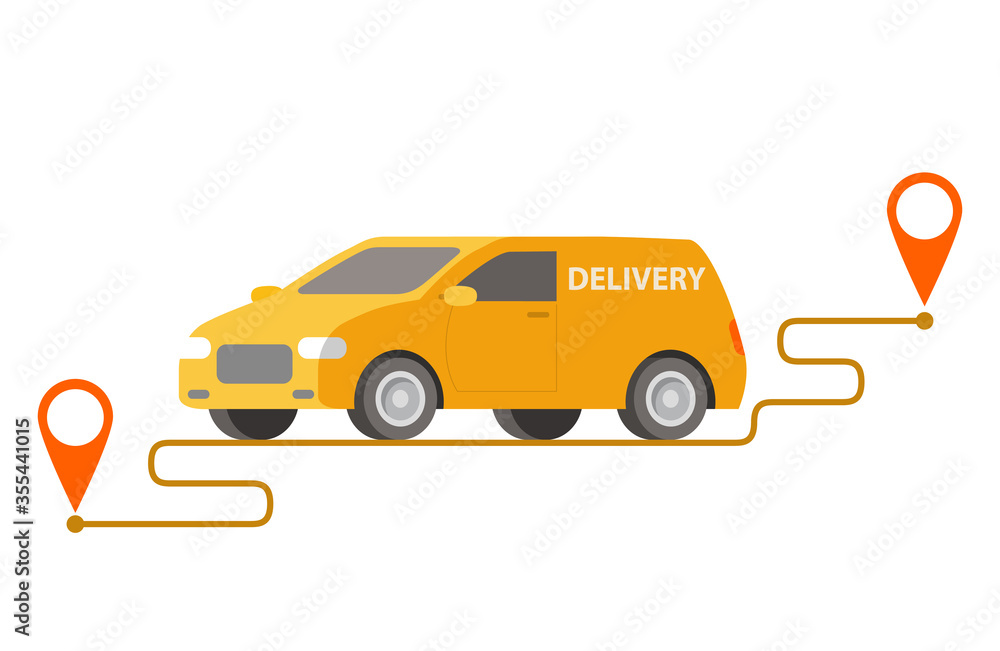 Fototapeta premium Delivery yellow hatchback carrying parcels on points.Vector illustration.Cargo car.