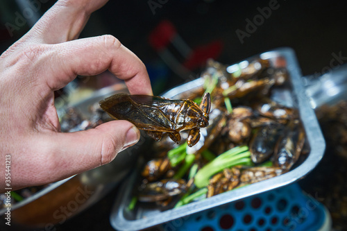Fried bug at the night street market in Cambodia
