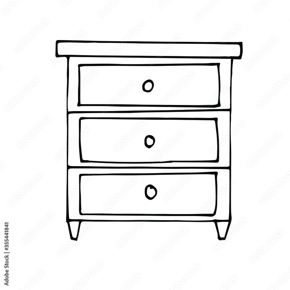 A single elegant nightstand isolated on a white background. Retro chest of drawers in Doodle style. Vector drawn furniture. A single elegant nightstand isolated on a white background. Retro chest of drawers in Doodle style. Vector drawn furniture.