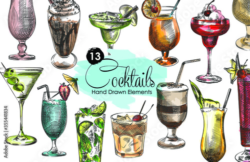 Colorful sketch set of cocktails. strawberry milkshake, chocolate milkshake, green cocktail in a margarita glass, cocktail in a snifter, red cocktail, cocoa milkshake, martini cocktail with olives