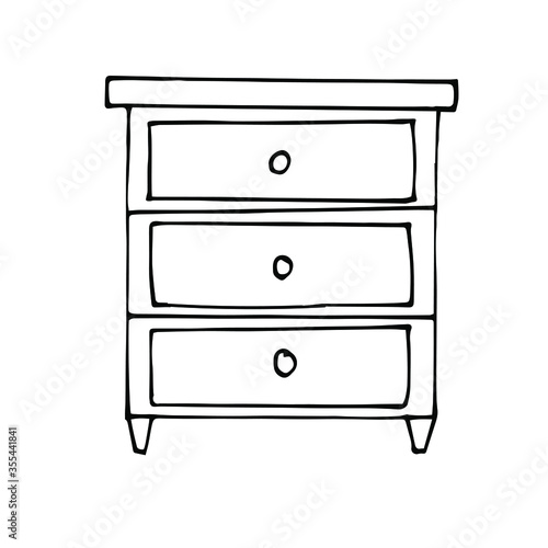 A single elegant nightstand isolated on a white background. Retro chest of drawers in Doodle style. Vector drawn furniture.
