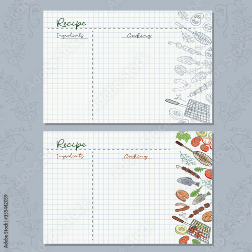 Checkered paper sheets with barbecue elements to write your recipes for a delicious lunch in nature