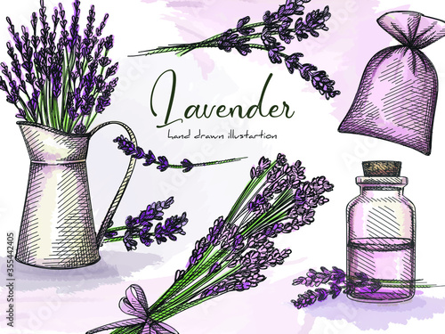 Colorful Hand-drawn sketch set of lavender on a white background. Herbs and plants. Lavender flower with a glass jar, bag for herbs, bunch of lavender, lavender flowers in a metal jar. Colorful set