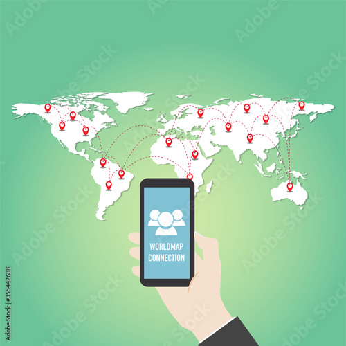 Vector graphic abstract with pointing a world map and icon, hand holding phone.