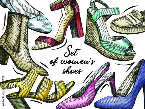 Colorful Hand-drawn set of women shoes. Block Heels, Ankle Booties on medium heel, Ballerina flats, Pumps, stiletto, Open Toe Sandals, Slingback heel, Wedge Sandals, Loafers, slippers, moccasins.	