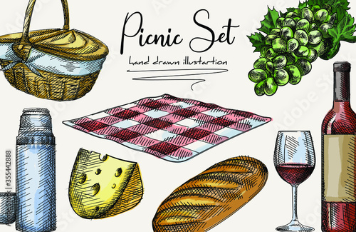Colorful Hand-drawn sketch of picnic set. The set includes basket, cheese, loaf bread, bottle and glass of wine, thermos and a mug, checkered blanket, grapes. Colorful set
