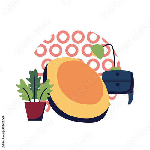 Puf plant inside pot and furniture with lamp flat style icon vector design