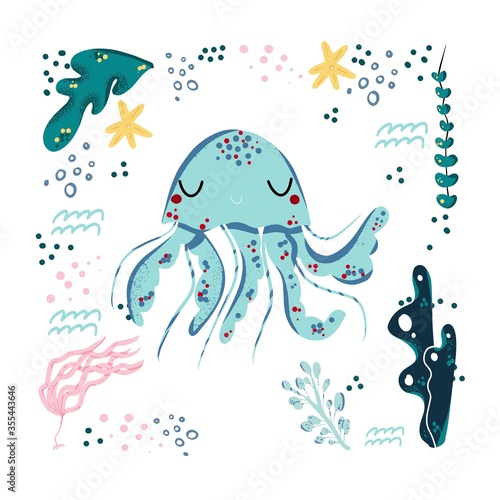 Obraz na plátně Jelyfish cute doodle hand drawn flat vector illustration