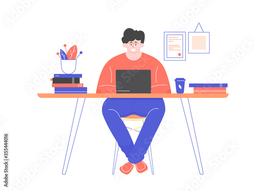 Freelancer man in glasses at desk with laptop. Remote work and online education at home. Vector flat illustration.