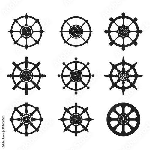 vector monochrome set with Indian religion symbol Dharmachakra