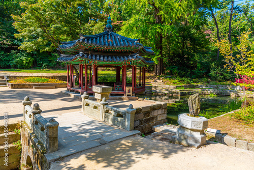 Traditional building at Buyongji Pond inside secret garden of Changdeokgung palace in Seoul, Republic of Korea photo