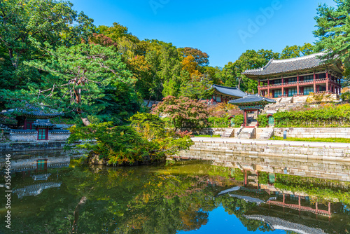 Traditional building at Buyongji Pond inside secret garden of Changdeokgung palace in Seoul, Republic of Korea photo