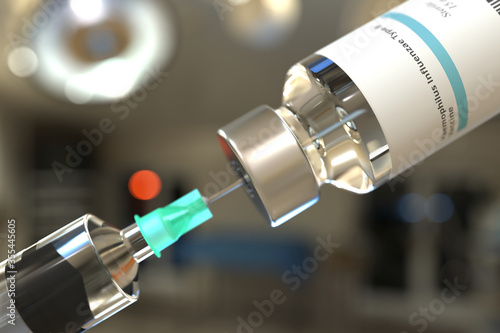 Vial with haemophilus influenzae type B vaccine and syringe for injection. 3D rendering photo