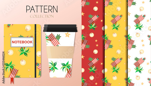 Pattern with summer items palm trees, sun beds, turtles, a hat and sea stars. The background is shown on Notepad and coffee cups. Background for flat illustrations on summer, beach, leisure, and
