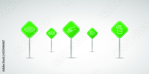 Personal protection equipment icons - medical mask, latex gloves, soap, dispenser, protective glasses. Coronavirus, covid 19 prevention items. Line, outline symbols. Mask icon. Vector illustration
