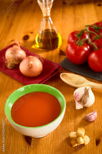 Tomato Gazpacho Cook Onion Garlic Spoon Toasted Bread selective focus