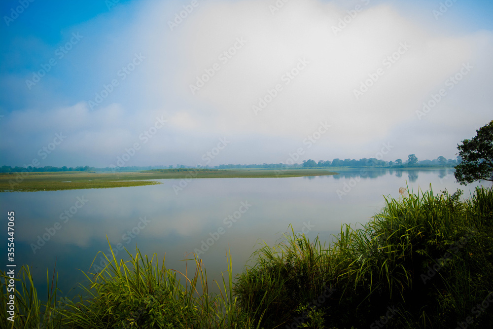 Landscape of lake and river in the morning time with fog at Kaziranga national park, Assam, India.
