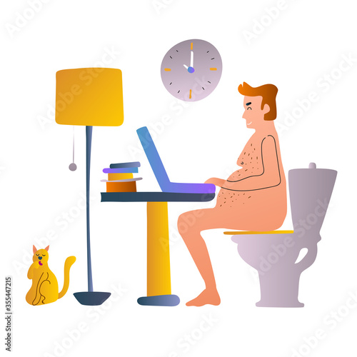 Young man sitting toilet seat with diarrhea,food poisoning,stomach pain problem.Vector flat cartoon illustration character icon.Isolated on white background. diarrhea sick concept - Vector