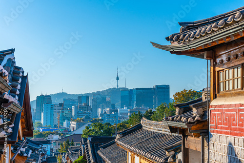 Photography Namsan tower viewed from Bukchon hanok village in Seoul, Republic of Korea