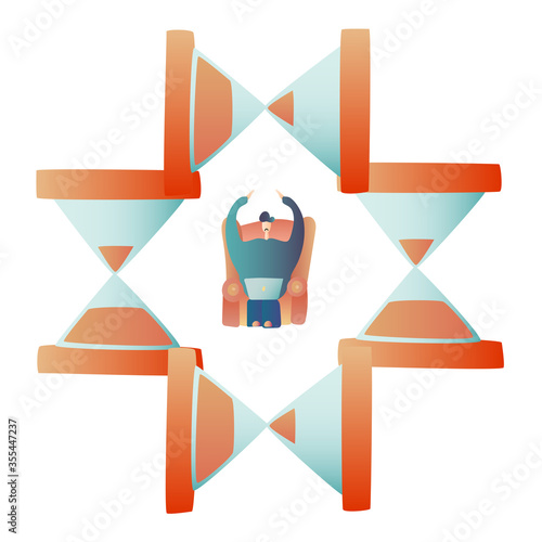 Freelance Programmer Struggling with the Deadline. Lack of Time. Outsource Employee Works on the Laptop. An Alarmed Worker inside Hourglass Rushes to Finish the Project. 