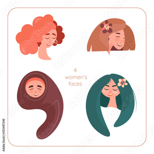 Set of four woman's emotions. Facial expression. Girl Avatar with different cultures and hairdresses. Vector illustration of a flat design photo
