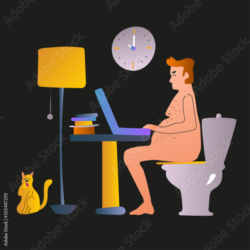 Young man sitting toilet seat with diarrhea,food poisoning,stomach pain problem.Vector flat cartoon illustration character icon.Isolated on white background. diarrhea sick concept. Vector illustration
