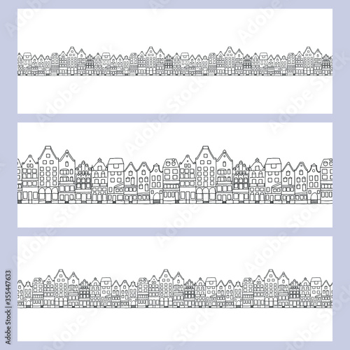 hand drawn houses, vintage town street, seamless vector border patterns set