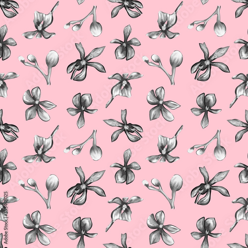 Seamless pattern of Orchid flowers on a pink background.Floral pattern on pink background.Botanical vector illustration