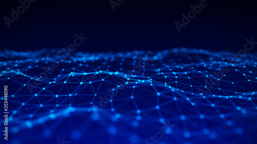 Abstract network connection with dots and lines on dark blue background. 3D rendering.