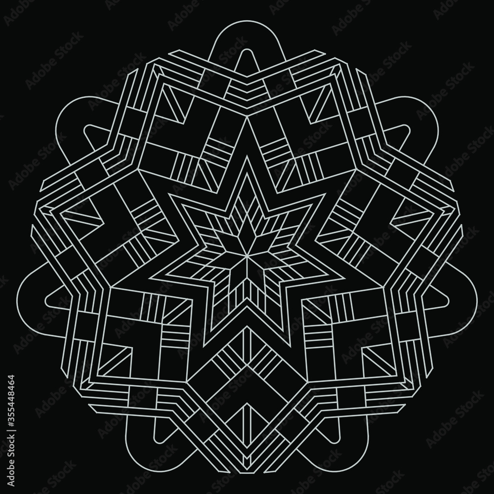 Silver Geometric Heptagonal star mandala.
Illustration vector graphic of silver geometric pattern with black background. Fit for premium packaging design, greetings card, luxury background, etc.
