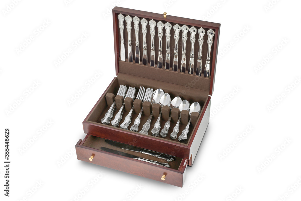 Wooden Cutlery set in gift box on isolated on white background Wooden Cutlery set in gift box on isolated on white background