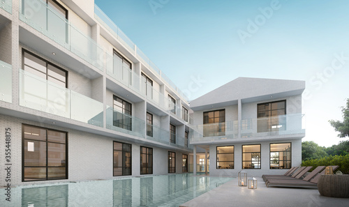 Luxury modern white hotel with swimming pool.Sunbed on sundeck for vacation home or hotel.3d rendering © manow