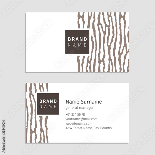 Vector business card with the wood texture. Used pattern based on organic stripes shape. Modern style for company identity.