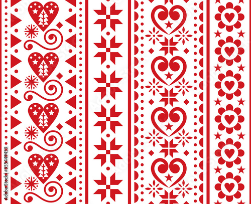 Christmas vector seamless vertical pattern - Scandinavian traditional embroidery folk art style with snowflakes, Chritmas trees, flowers and hearts
 photo