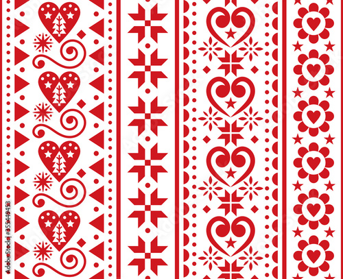 Christmas vector seamless vertical pattern - Scandinavian traditional embroidery folk art style with snowflakes, Chritmas trees, flowers and hearts
