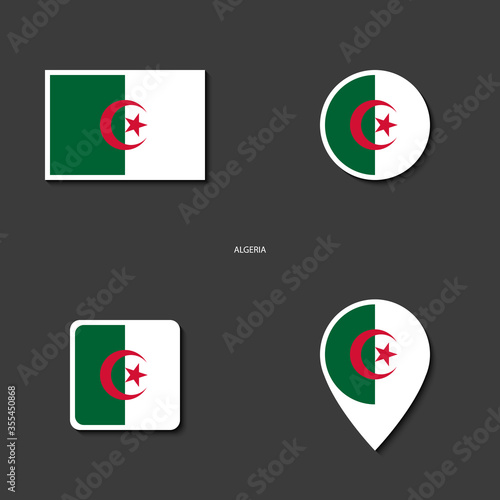 Algeria flag icon set in different shape (rectangle, circle, square and marker icon) on dark grey background. Algeria sticker flag collection on barely dark background.