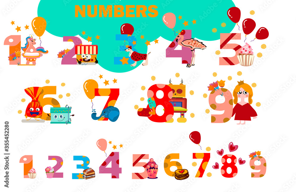Birthday Anniversary Numbers with Cute characters Birthday Party Invitation Card Template
