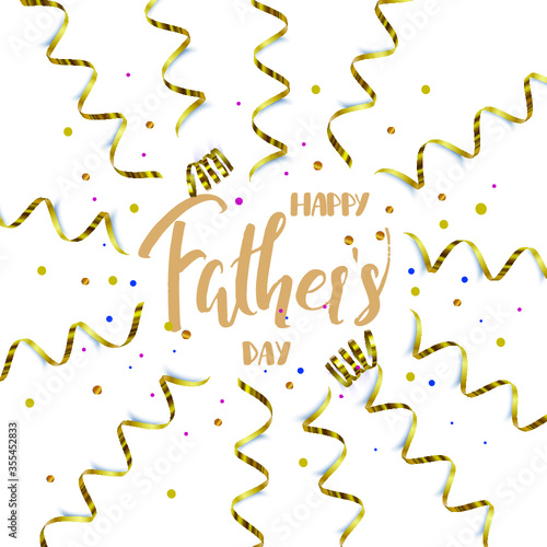 Happy Fathers day quote, background with golden serpentine and handwritten lettering on white background, vector illustration