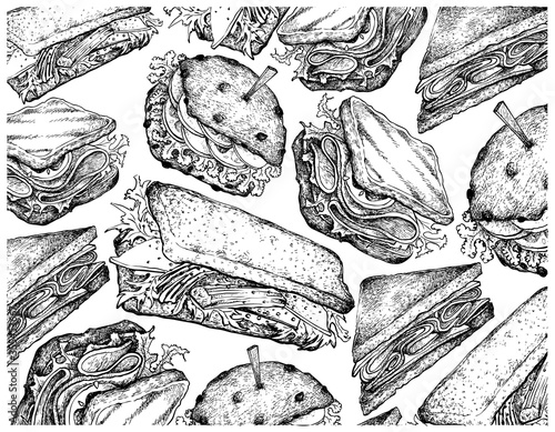 Illustration Hand Drawn Sketch Wallpaper of Various Delicious Freshly Toasted Sandwiches Isolated on White Background.