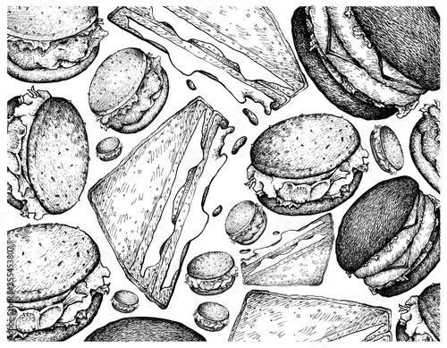 Illustration Wallpaper of Hand Drawn Sketch of Various Delicious Hamburgers and Sandwiches Isolated on White Background.