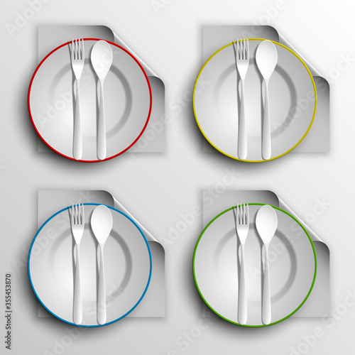 plate, spoon and fork isolated on napkin background illustration