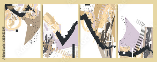 For social media Set of creative hand painted illustrations for wall decoration, postcard or brochure with paint splashes and color graphics lines