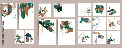 For social media Set of creative hand painted illustrations for wall decoration, postcard or brochure with paint splashes and color graphics lines