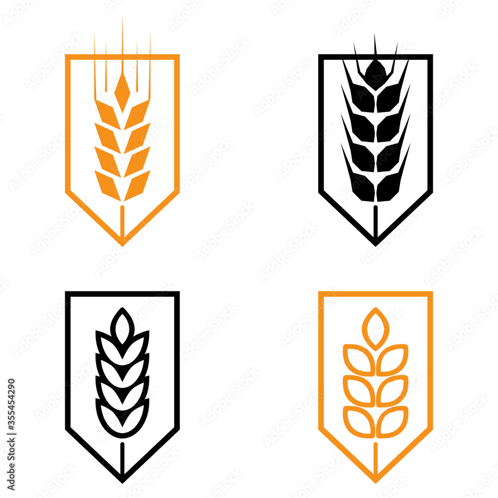 Symbols. for logo design Wheat. Agriculture, corn, barley, stalks, organic plants, bread, food, natural harvest, vector illustration on white