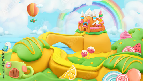 Sweet candy landscape. 3d vector background. Plasticine art illustration