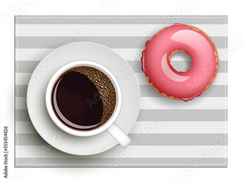 Cup of coffee on warfare dish, donut in glaze. Breakfast image, top view. Morning drink with sweetness. Hot coffee cup on white platter, donut glaze. Light snack top banner. Still life dessert