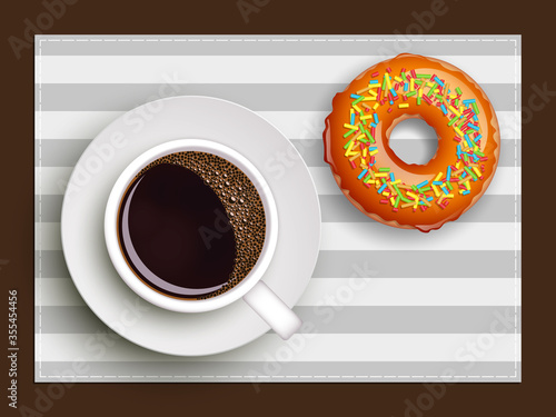 Cup of coffee on warfare dish, donut in glaze. Breakfast image, top view. Morning drink with sweetness. Hot coffee cup on white platter, donut glaze. Light snack top banner. Still life dessert