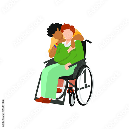 Transgender non-binary dark-skinned black-haired curly person warmly hugging a disabled red-haired fair-skinned partner sitting in wheelchair. Vector cartoon illustration isolated on white background